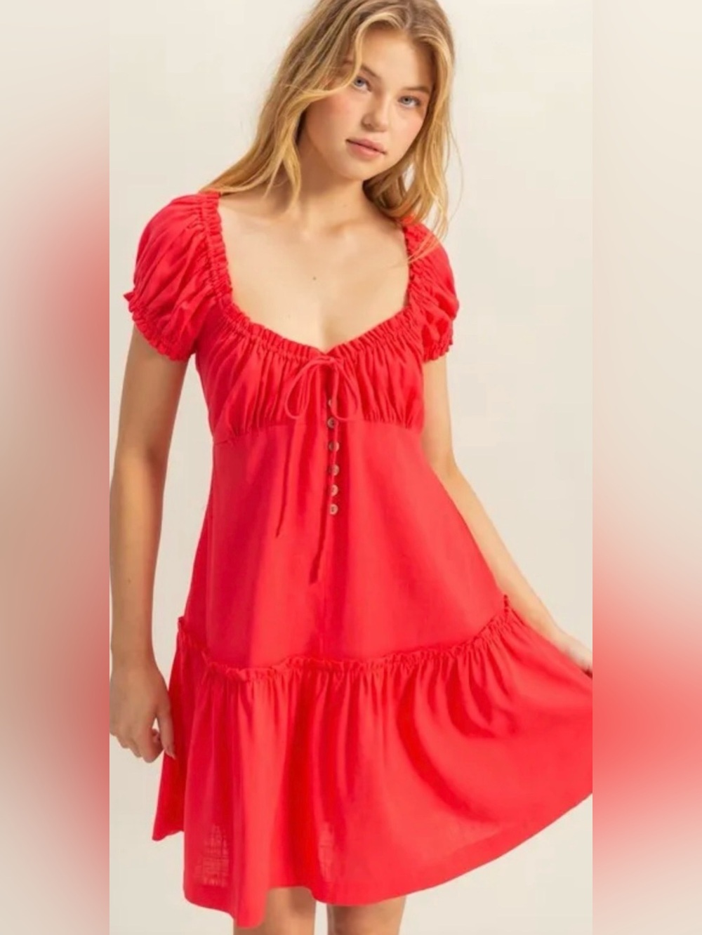 Babydoll Milkmaid Ruched Flare Mini Dress HYFVE Fire Red Gathered Detail SZ LG
